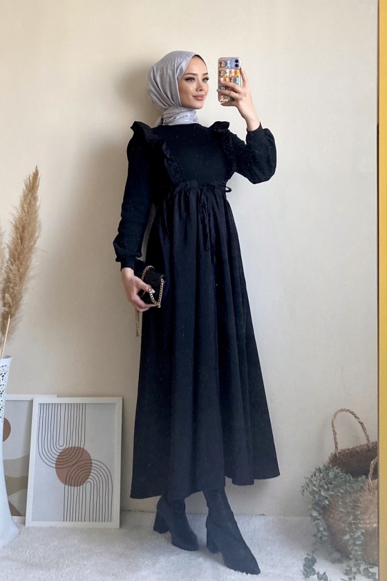 3698 - Triko Detaylı Tesettür Elbise Si̇yah-G6