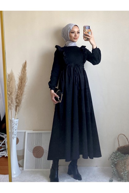 3698 - Triko Detaylı Tesettür Elbise Si̇yah-G6