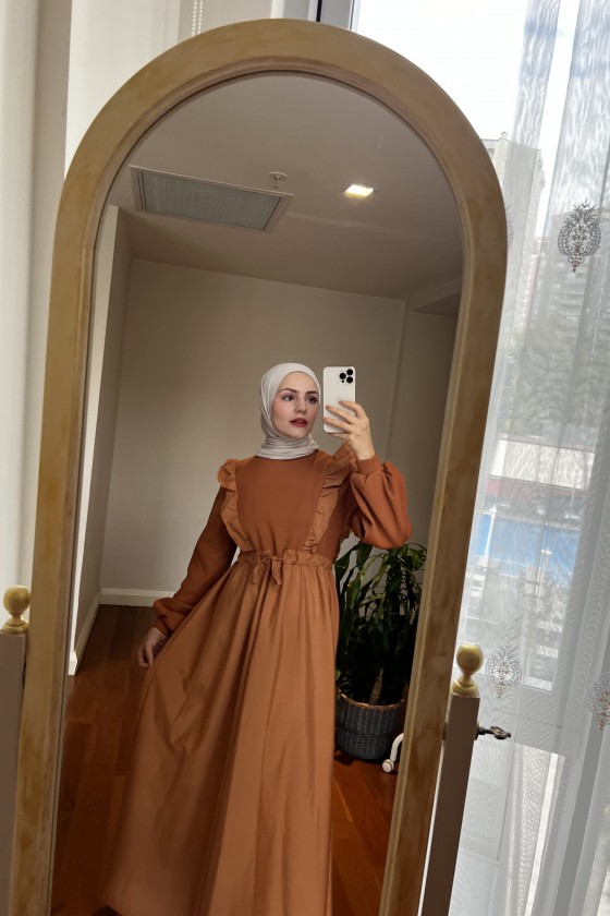 3698 - Triko Detaylı Tesettür Elbise Taba-G6