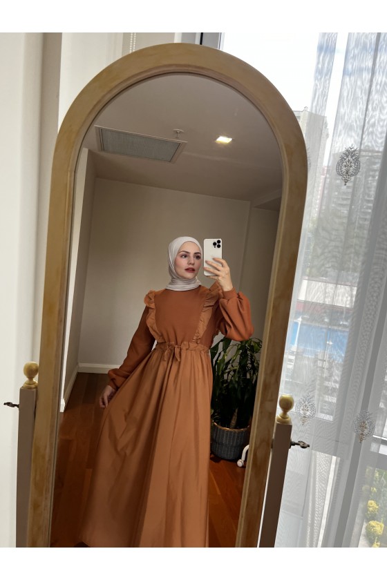 3698 - Triko Detaylı Tesettür Elbise Taba-G6