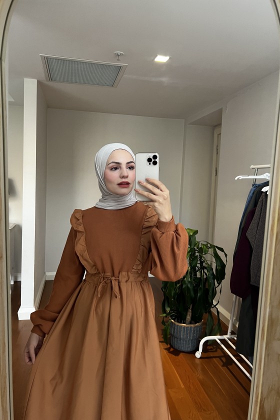 3698 - Triko Detaylı Tesettür Elbise Taba-G6