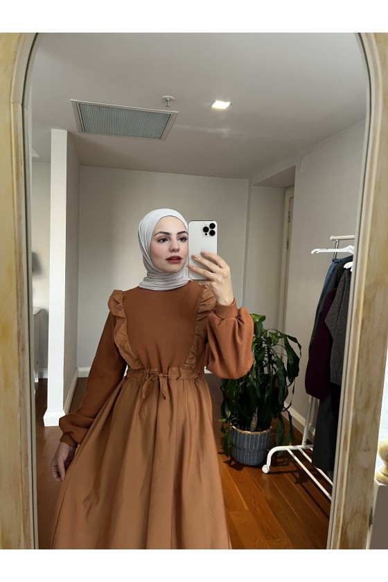 3698 - Triko Detaylı Tesettür Elbise Taba-G6 3698 - Triko Detaylı Tesettür Elbise Taba-G6