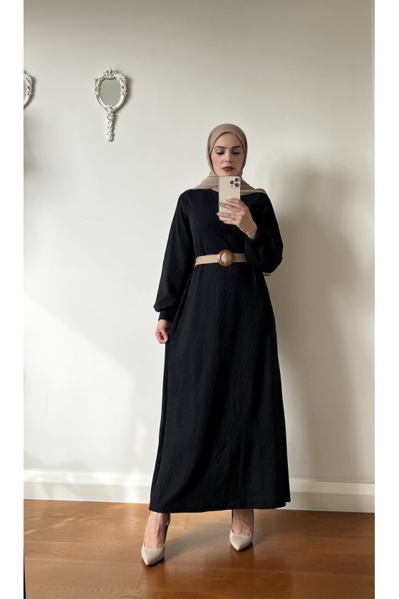 4417 - Hasır Kemerli Tesettür Elbise Si̇yah-E2