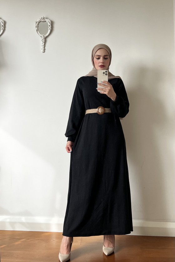 4417 - Hasır Kemerli Tesettür Elbise Si̇yah-E2