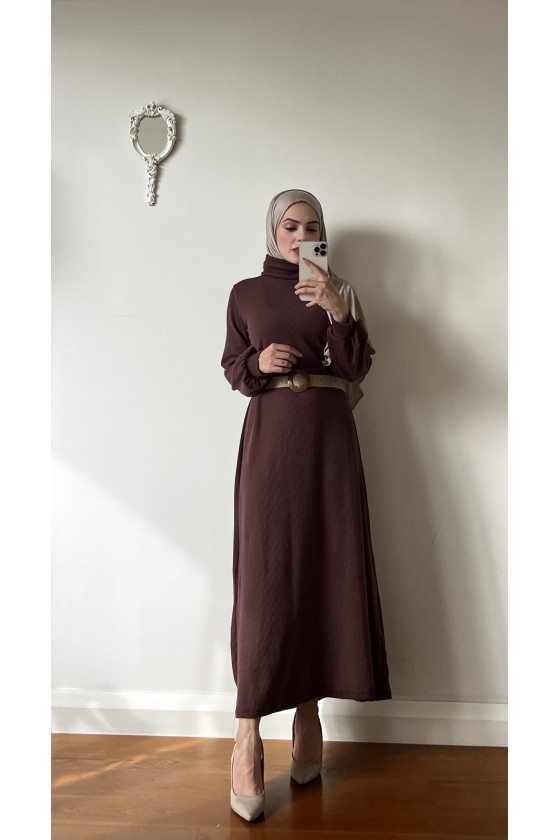 4417 - Hasır Kemerli Tesettür Elbise Kahverengi̇-E2