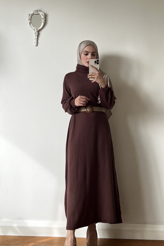 4417 - Hasır Kemerli Tesettür Elbise Kahverengi̇-E2