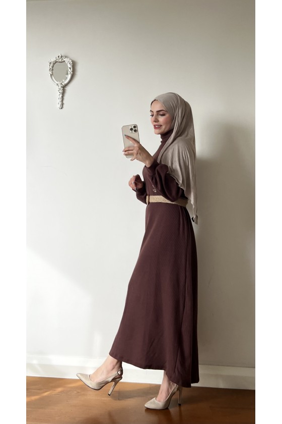 4417 - Hasır Kemerli Tesettür Elbise Kahverengi̇-E2 4417 - Hasır Kemerli Tesettür Elbise Kahverengi̇-E2