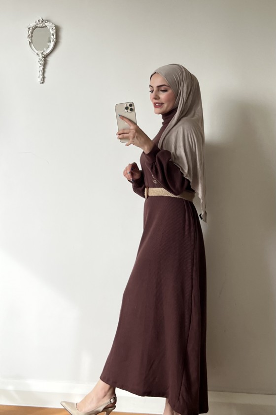 4417 - Hasır Kemerli Tesettür Elbise Kahverengi̇-E2