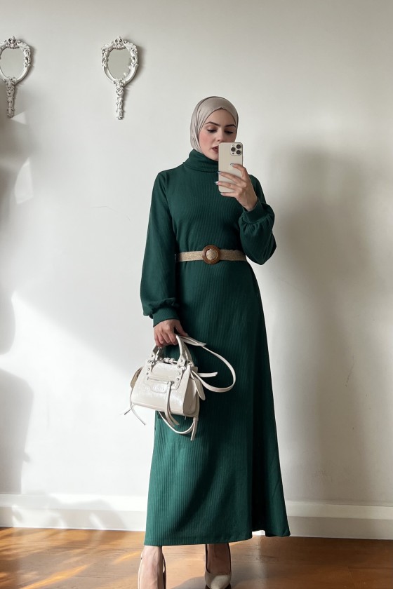 4417 - Hasır Kemerli Tesettür Elbise Yeşi̇l-E2