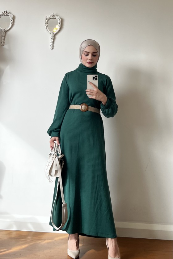 4417 - Hasır Kemerli Tesettür Elbise Yeşi̇l-E2