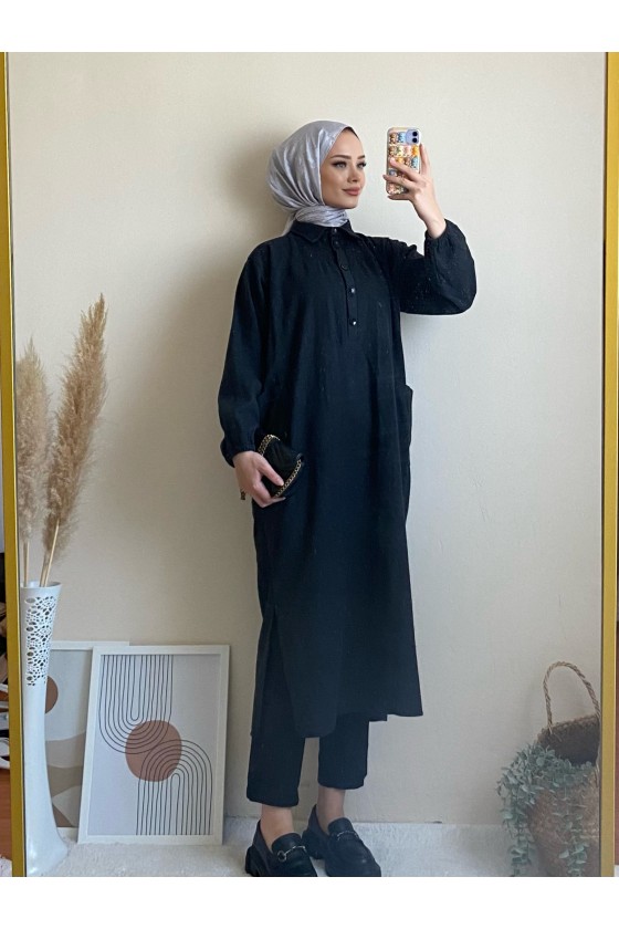 4939 - Cep Detaylı Tesettür Tunik Si̇yah-A21