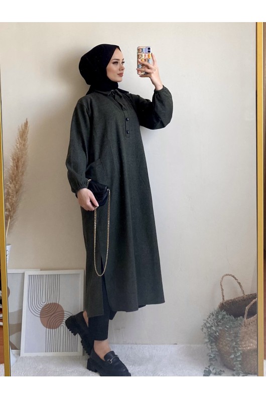 4939 - Cep Detaylı Tesettür Tunik Haki̇-A21 4939 - Cep Detaylı Tesettür Tunik Haki̇-A21