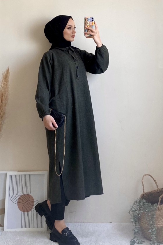 4939 - Cep Detaylı Tesettür Tunik Haki̇-A21