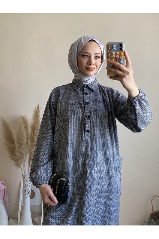 4939 - Cep Detaylı Tesettür Tunik Gri̇-A21 4939 - Cep Detaylı Tesettür Tunik Gri̇-A21