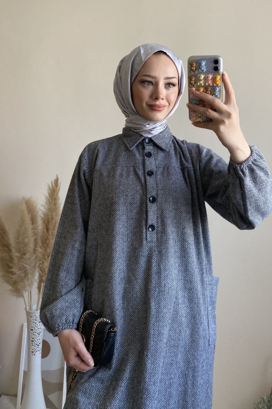 4939 - Cep Detaylı Tesettür Tunik Gri̇-A21