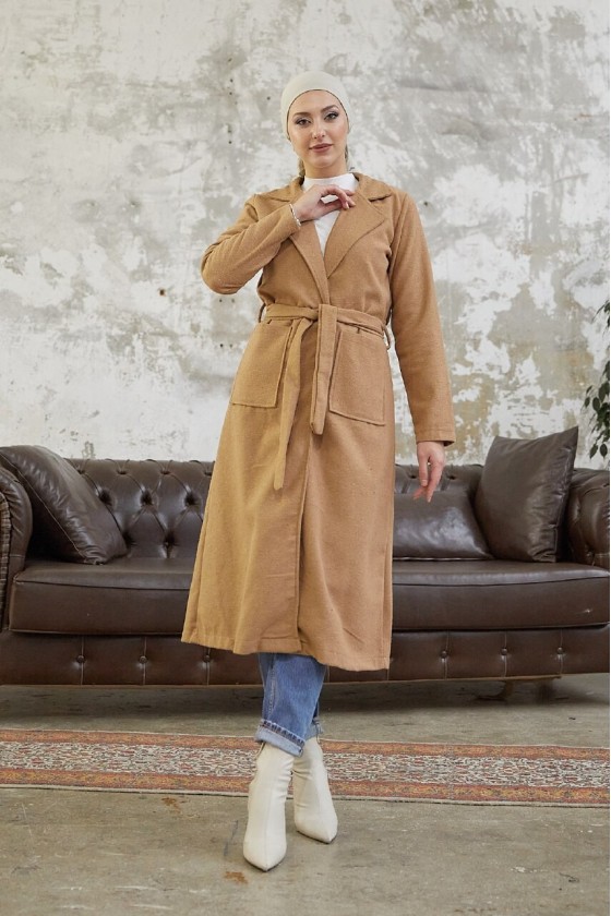 9595 - Kemerli Tesettür Kaban Camel-E2