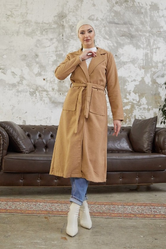 9595 - Kemerli Tesettür Kaban Camel-E2