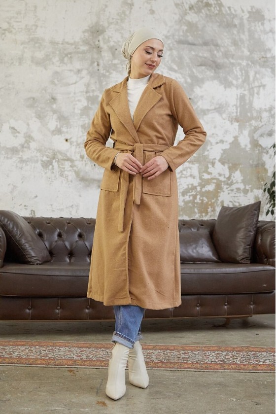 9595 - Kemerli Tesettür Kaban Camel-E2