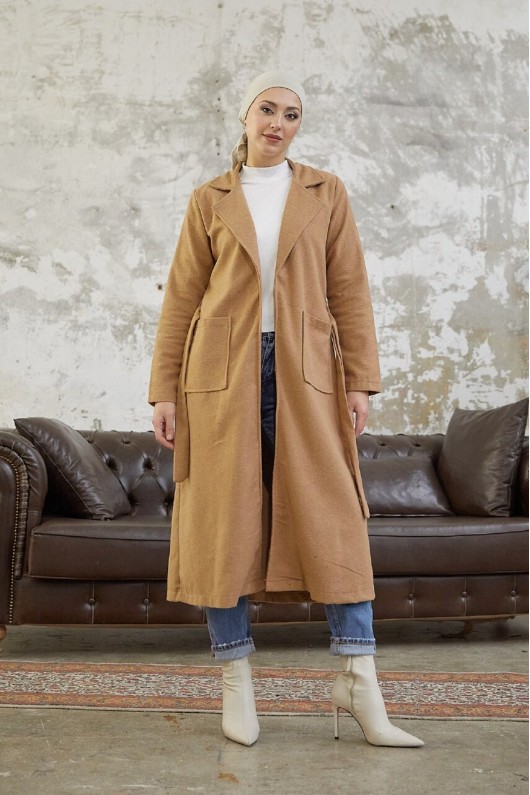 9595 - Kemerli Tesettür Kaban Camel-E2