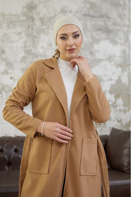 9595 - Kemerli Tesettür Kaban Camel-E2