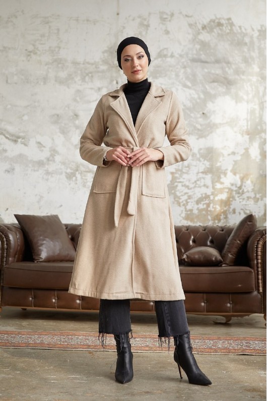 9595 - Kemerli Tesettür Kaban Bej-E2