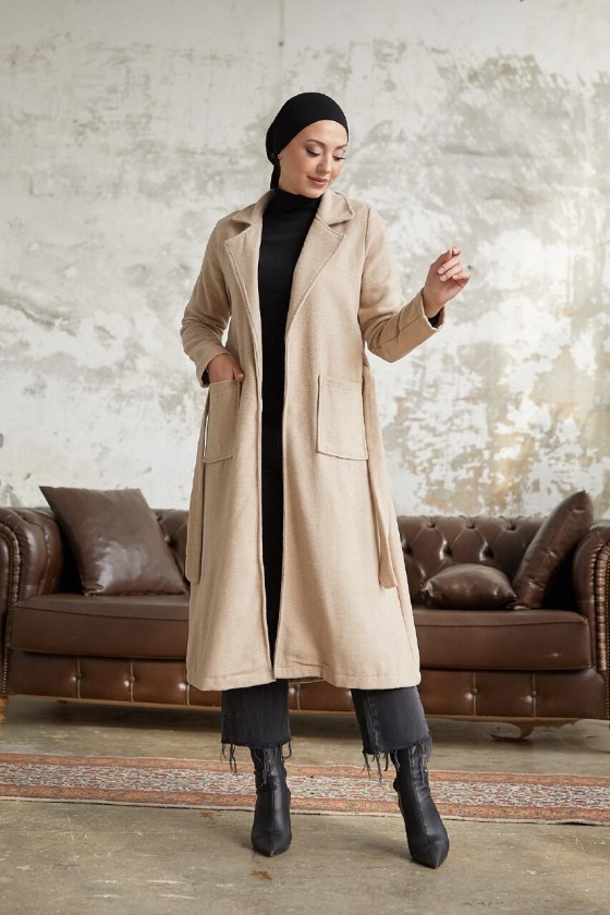 9595 - Kemerli Tesettür Kaban Bej-E2 9595 - Kemerli Tesettür Kaban Bej-E2