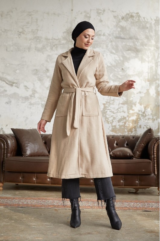 9595 - Kemerli Tesettür Kaban Bej-E2
