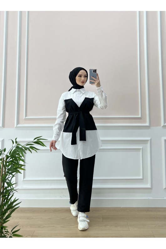 1547 - Gömlek Detaylı Tesettür Takım Si̇yah-A1