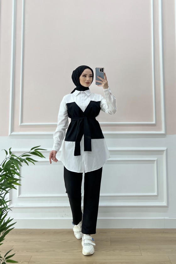 1547 - Gömlek Detaylı Tesettür Takım Si̇yah-A1