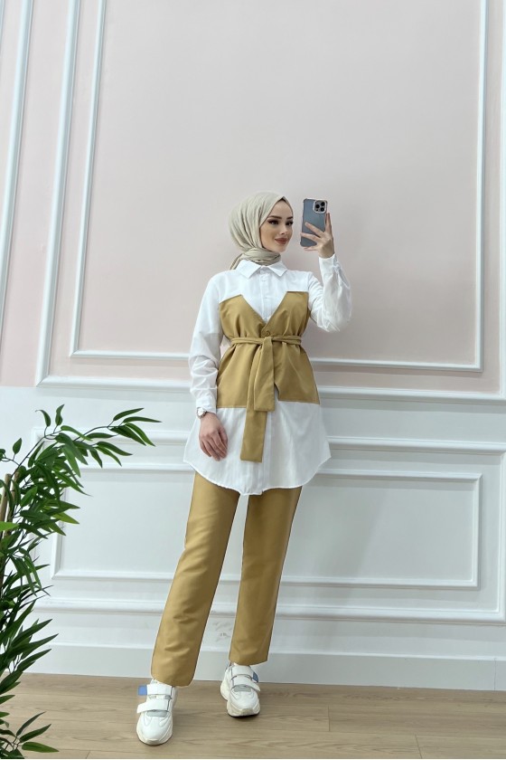 1547 - Gömlek Detaylı Tesettür Takım Camel-A1