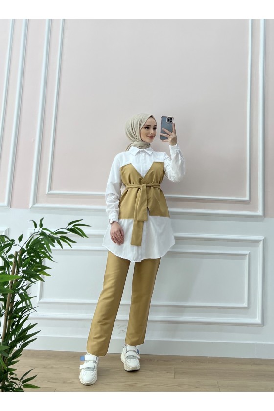 1547 - Gömlek Detaylı Tesettür Takım Camel-A1