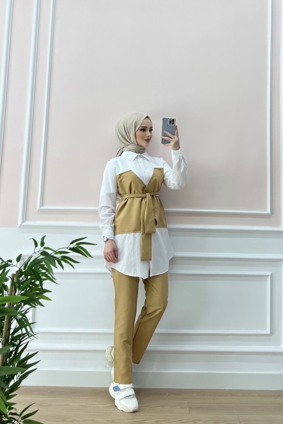 1547 - Gömlek Detaylı Tesettür Takım Camel-A1