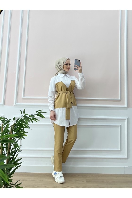 1547 - Gömlek Detaylı Tesettür Takım Camel-A1 1547 - Gömlek Detaylı Tesettür Takım Camel-A1