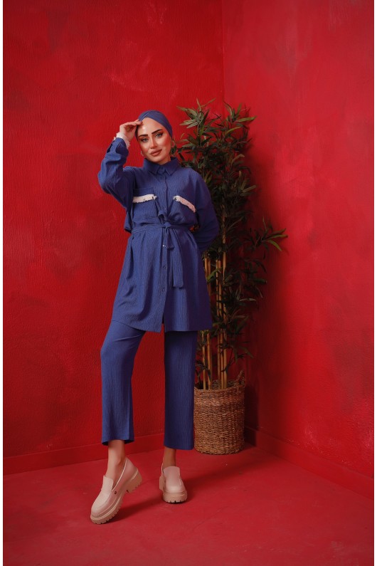 2946 - Püskül Detaylı Tesettür İkili Takım Mavi̇-D0 2946 - Püskül Detaylı Tesettür İkili Takım Mavi̇-D0