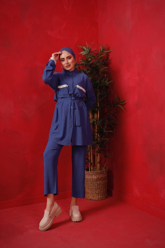 2946 - Püskül Detaylı Tesettür İkili Takım Mavi̇-D0