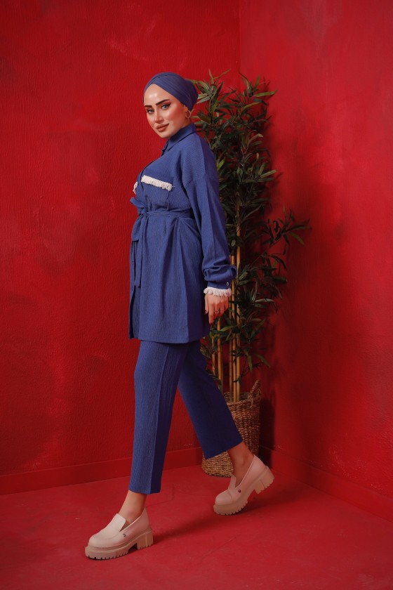 2946 - Püskül Detaylı Tesettür İkili Takım Mavi̇-D0