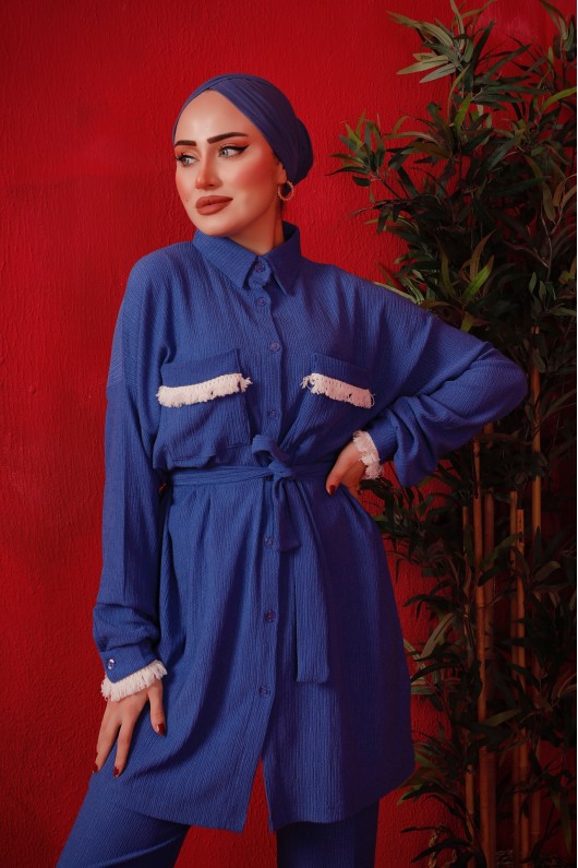 2946 - Püskül Detaylı Tesettür İkili Takım Mavi̇-D0 2946 - Püskül Detaylı Tesettür İkili Takım Mavi̇-D0