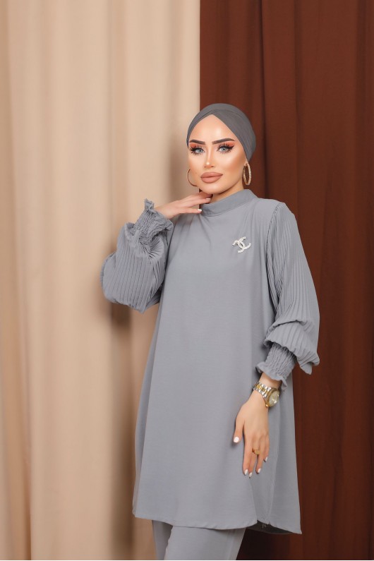 3126 - Broş Detaylı Tesettür İkili Takım Gri̇-D0 3126 - Broş Detaylı Tesettür İkili Takım Gri̇-D0