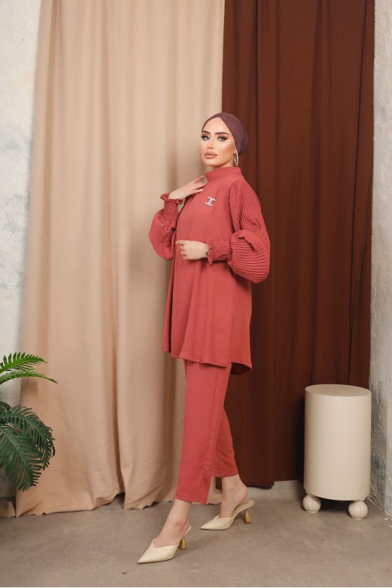 3126 - Broş Detaylı Tesettür İkili Takım Pembe