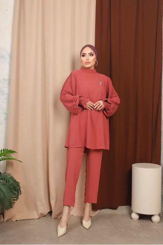 3126 - Broş Detaylı Tesettür İkili Takım Pembe