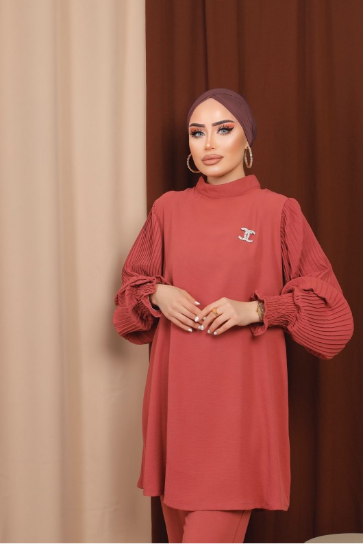 3126 - Broş Detaylı Tesettür İkili Takım Pembe