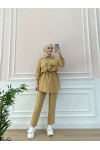 3696 - Boncuk İşlemeli Tesettür İkili Takım Camel B5