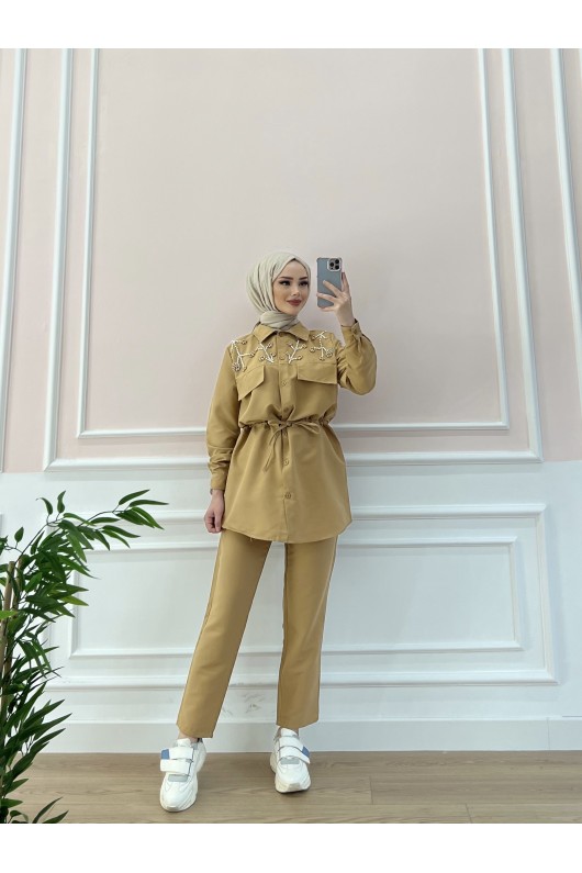 3696 - Boncuk İşlemeli Tesettür İkili Takım Camel B5