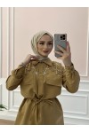 3696 - Boncuk İşlemeli Tesettür İkili Takım Camel B5