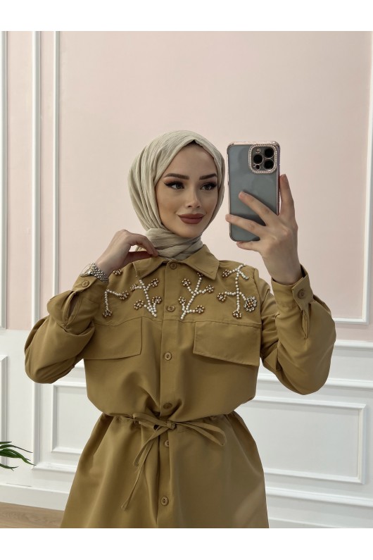 3696 - Boncuk İşlemeli Tesettür İkili Takım Camel B5