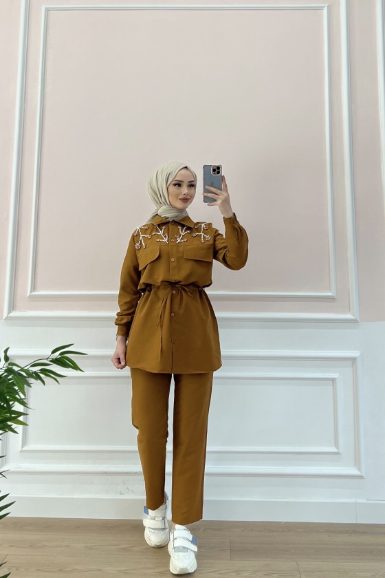 3696 - Boncuk İşlemeli Tesettür İkili Takım Taba