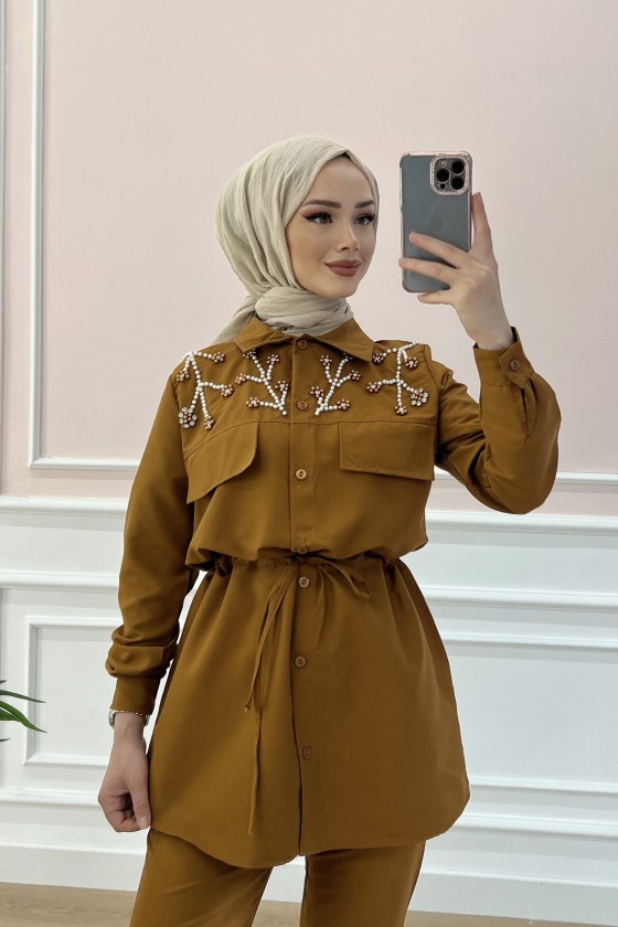 3696 - Boncuk İşlemeli Tesettür İkili Takım Taba