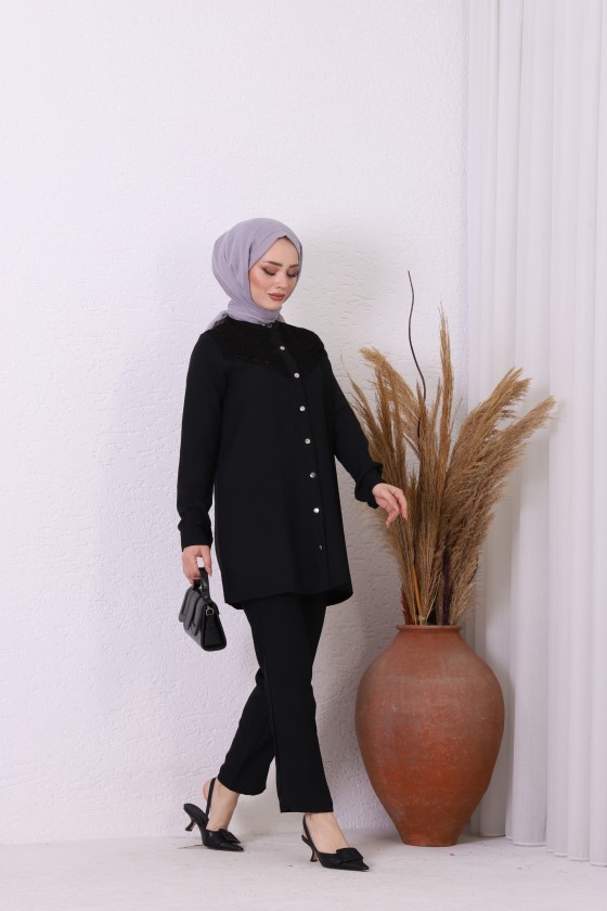 5293 - Örgü Detaylı Tesettür İkili Takım Si̇yah-A12