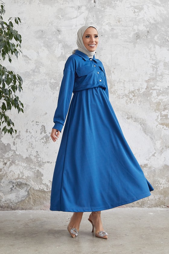 7775 - Etek Gömlek Tesettür İkili Takım Mavi̇-B6