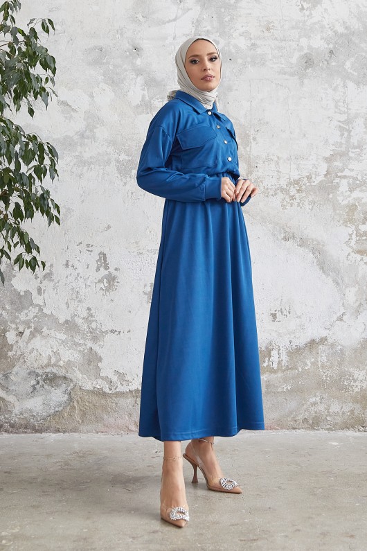 7775 - Etek Gömlek Tesettür İkili Takım Mavi̇-B6